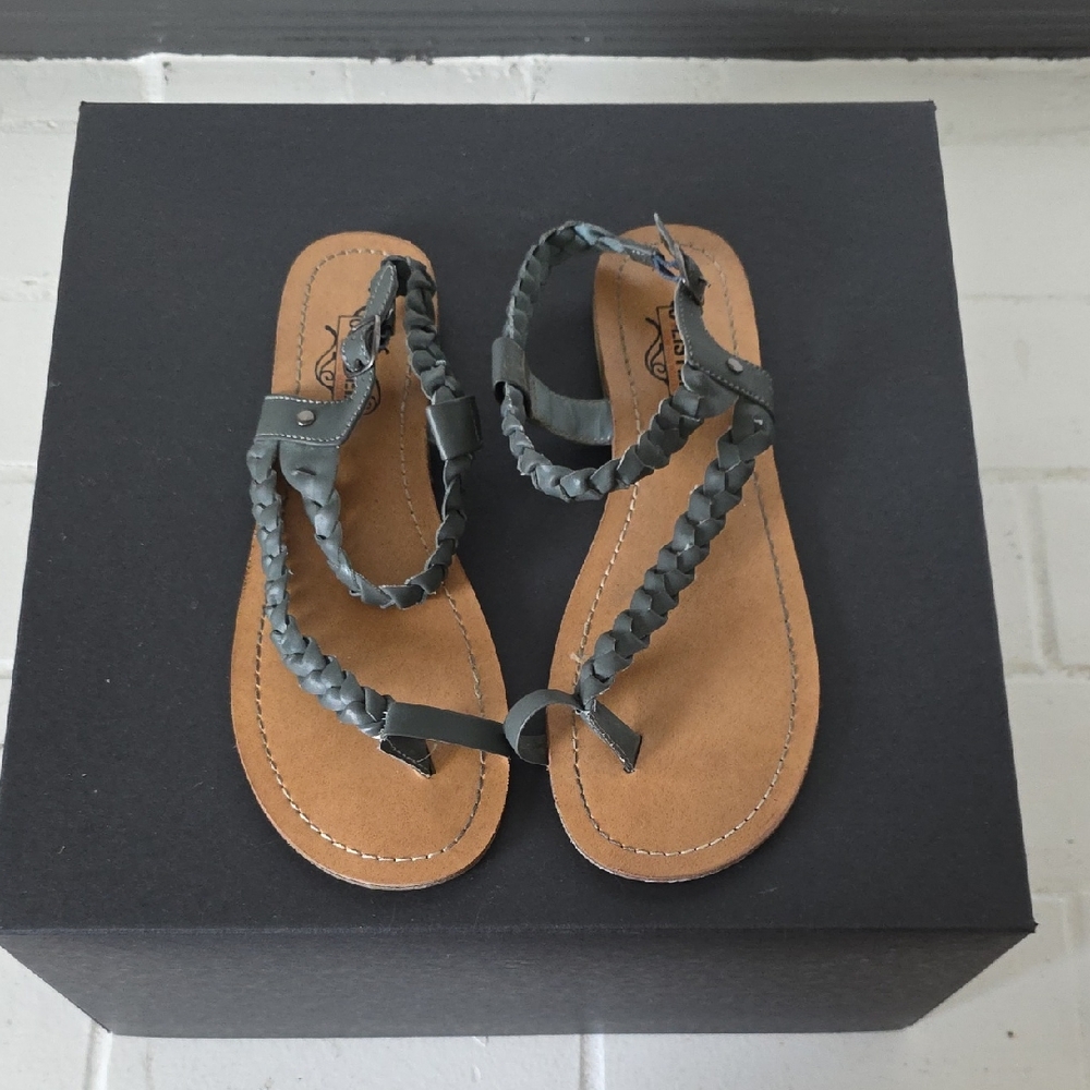 Unlisted Gray Braided T-Strap Sandals with Tan Footbed